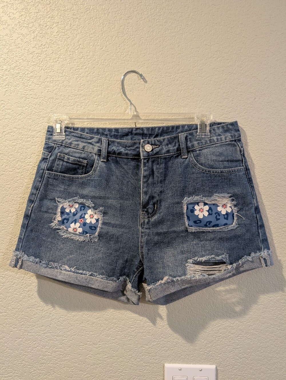 Denim Distressed Women's Shorts with Floral Patches